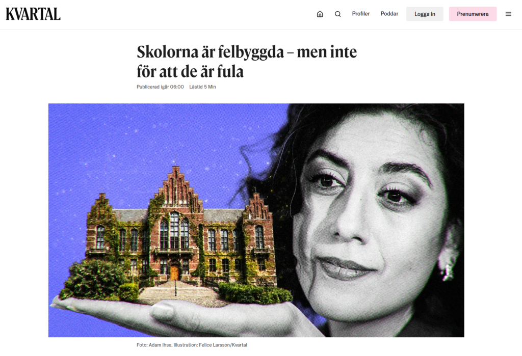 Simona Mohamsson tittar på ett äldre skolhus.